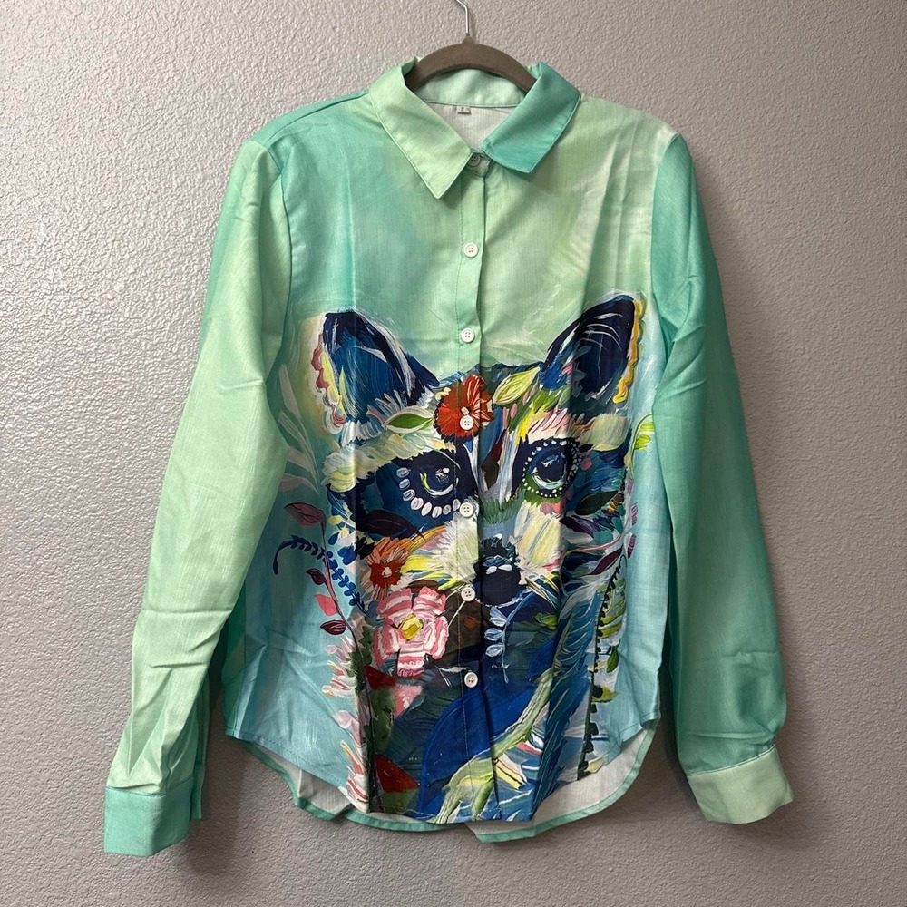 Women's Raccoon Graphic Print Button Up Dressy Blouse